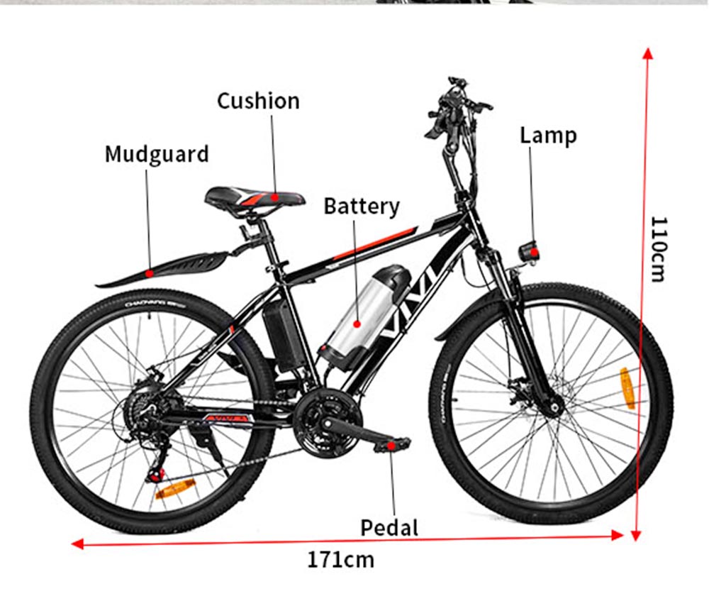 VIVI 26SH 26 Inch 350W Electric Mountain Bike With Removable 36V Battery 150kg Max Load - Black