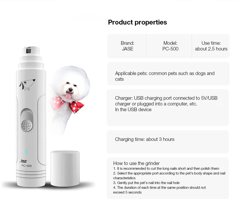 XIAOMI YOUPIN JASE PC-500 Pet Electric Nail Polisher USB Charging Nail Clippers Cat Paws Grooming Grinding Machine