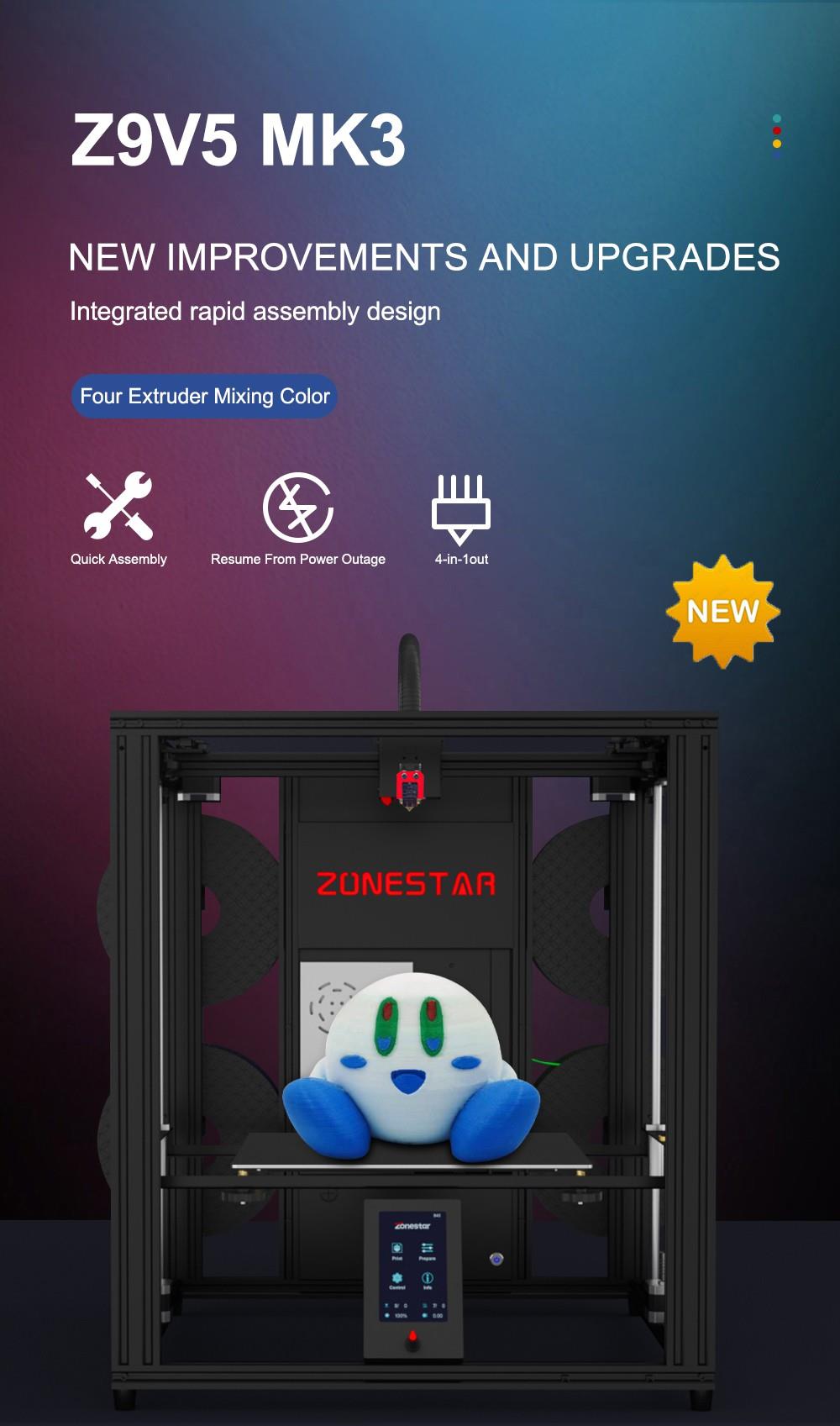 Zonestar Z9V5 MK3 4 Extruders 3D Printer, 4 Color Mixing, Auto Leveling, 32 Bit Mainboard, Magnetic Bed, Resume Printing, TFT-LCD, 300*300*400mm 10 Zonestar Z9V5 MK3 3D Printer Auto Leveling Adjustable 4 Extruder Design Mix-Color Printing Resume Printing