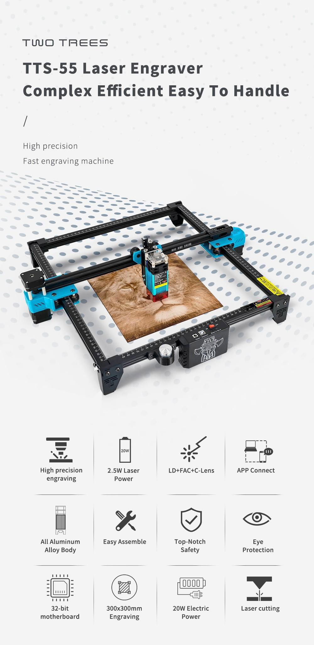 TWO TREES TTS 2.5W Laser Engraver Cutter, 0.08*0.08mm Compressed Spot, 32Bit Mainboard, 7.5W Electric Power, APP Control ,300*300mm