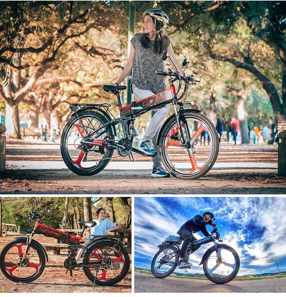 Cyrusher XF770 Folding Electric Bike 500W 48V 10 Ah Hidden Battery 7 Speed Mountain E-bike - White