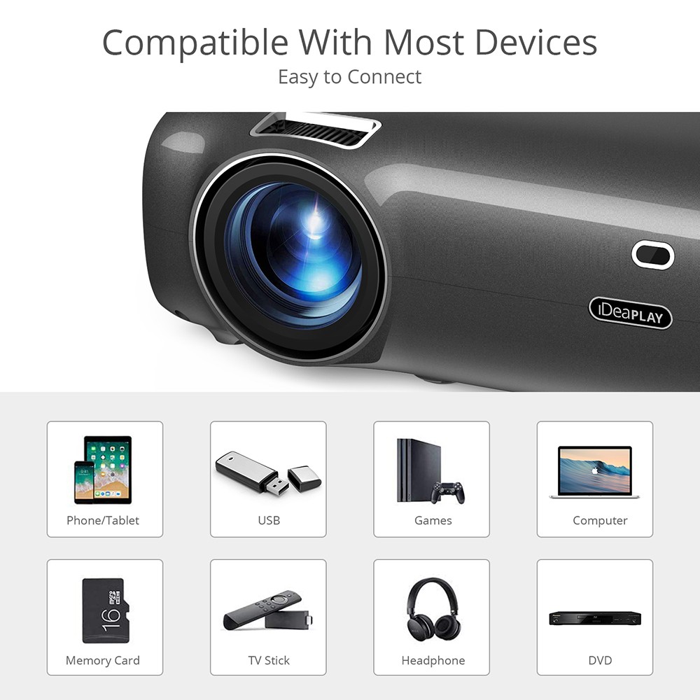 iDeaPlay PJ20 HD 720P Projector with 1280x720 Native Resolution up to 4500 LUX of Brightness with US Plug