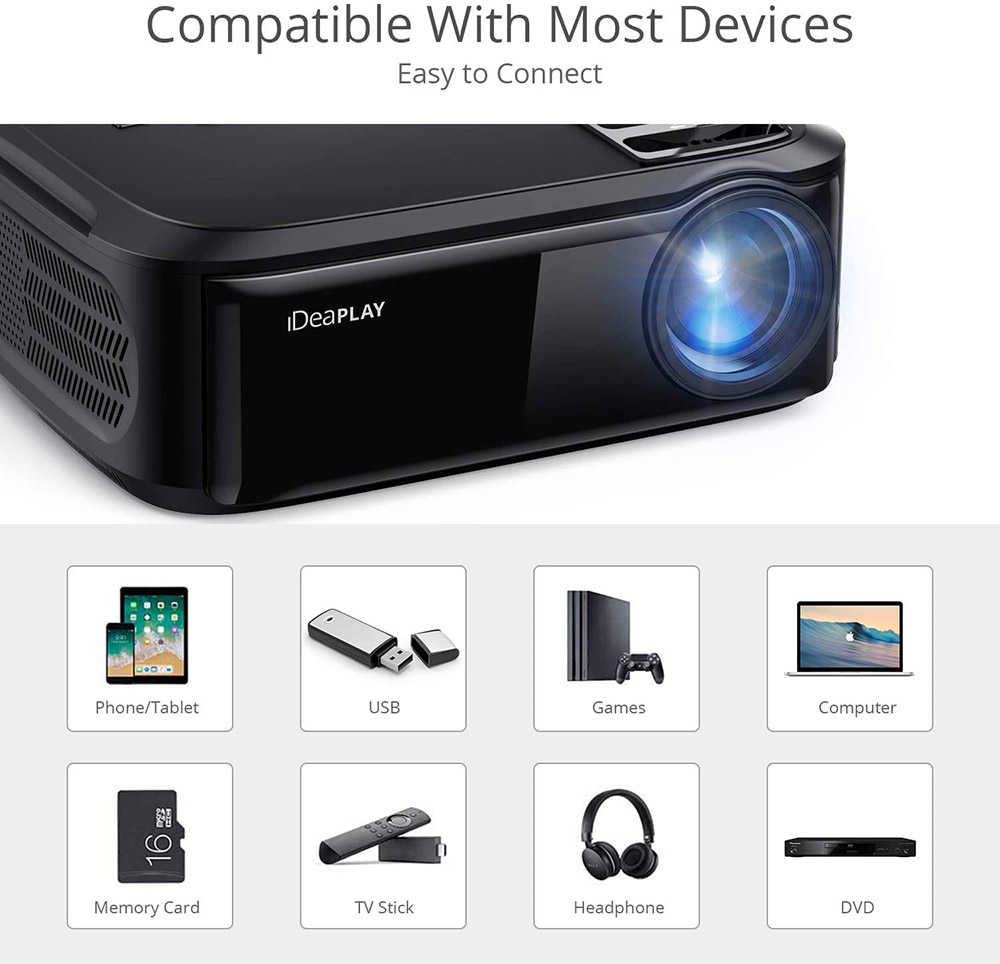 iDeaPlay PJ80 Native 1080P Projector LED Home Theater 4K Projector with 200'' Display and 6000 Lux with US Plug