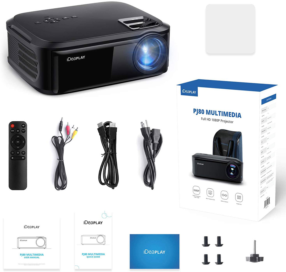 iDeaPlay PJ80 Native 1080P Projector LED Home Theater 4K Projector with 200'' Display and 6000 Lux with US Plug