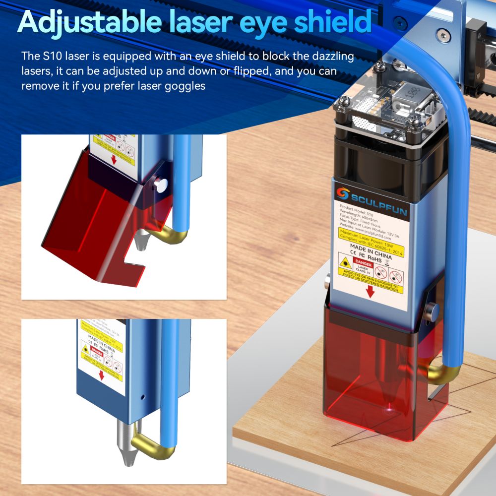 SCULPFUN S10 10-W-Lasermodul-Set mit festem Fokuskopf für Lasergravierer und -schneider mit 0,08 mm ultrafeinem komprimiertem Punkt