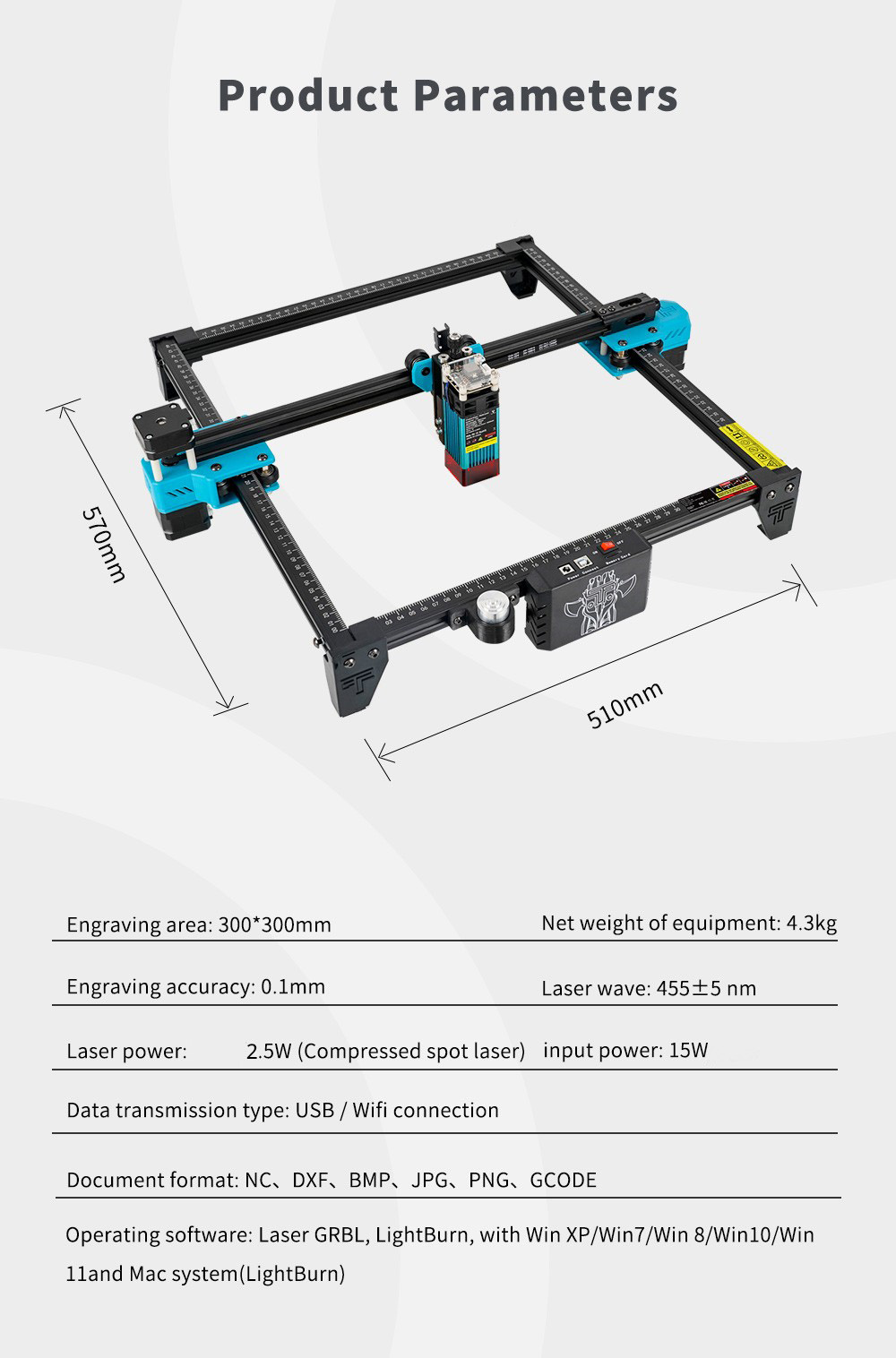 TWO TREES TTS 2.5W Laser Engraver Cutter, 0.08*0.08mm Compressed Spot, 32Bit Mainboard, 15W Electric Power, APP Control ,300*300mm
