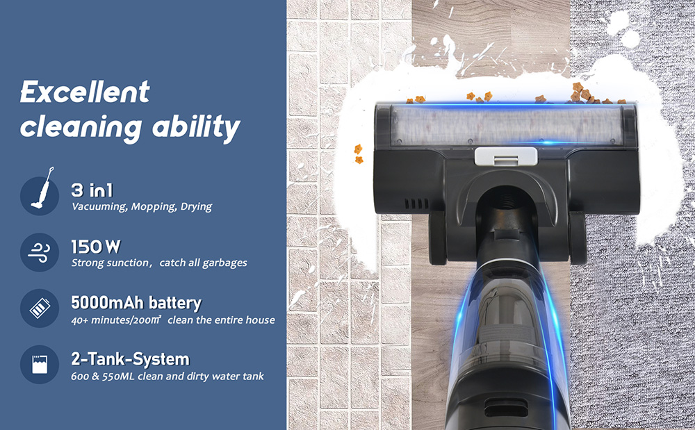 3 in 1 Cordless Wet and Dry Vacuum Cleaner Floor Cleaner with Two-tank System Two Brushes for Carpets and Hard Floors