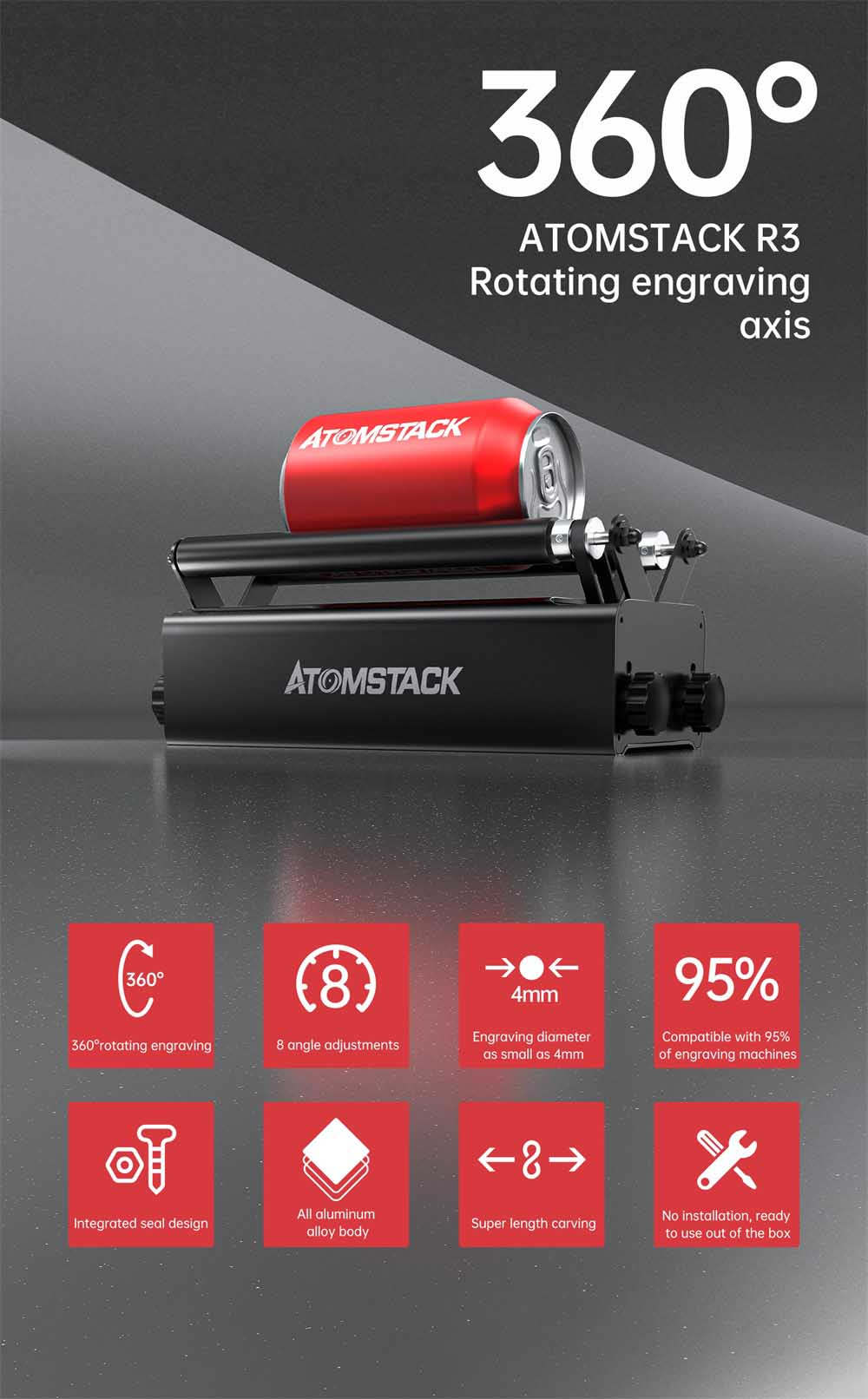 ATOMSTACK R3 Roller Laser 360 Degree Rotating Engraver Angle Adjustable Engraving Cylindrical Objects Cans for Atomstack Neje