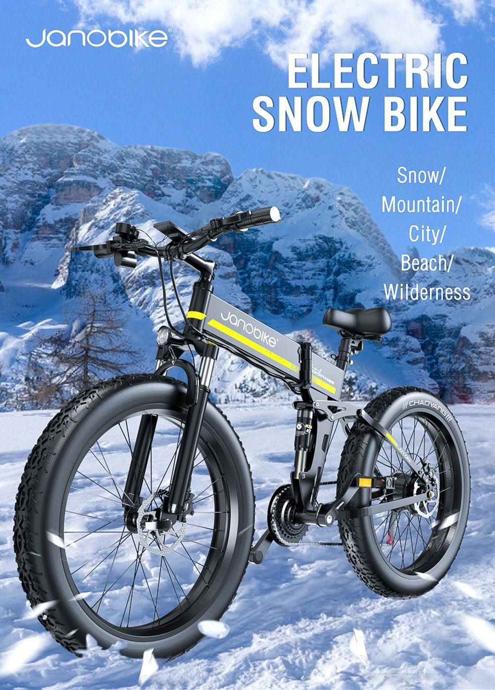 JANOBIKE H26 Electric Bicycle 48V 1000W Motor 12.8Ah Battery 26 Inch Fat Tire Snow, Mountain, City Bike - Black
