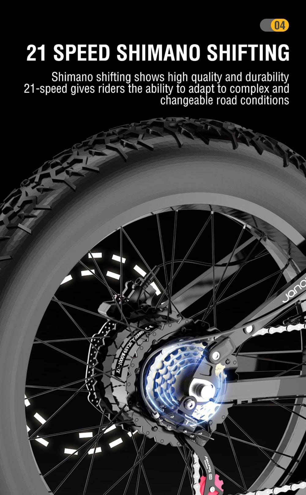 JANOBIKE E26 Electric Bicycle 48V 1000W Motor 16Ah Battery 26 Inch Tire Snow, Mountain, City Bike - Black