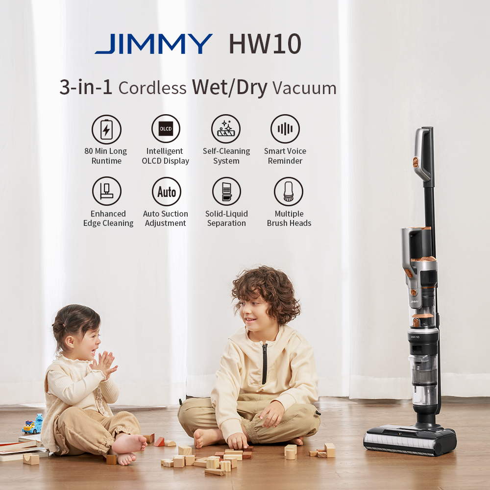 JIMMY HW10 Cordless 3-in-1 Wet/Dry Vacuum & Washer 18000Pa Strong Suction 80Mins Runtime Precise Water Spray Control Excellent Edge and Corner Cleaning Self-Cleaning Smart Voice Reminder OLCD Display for Hardfloor, Carpet, Furniture - Black