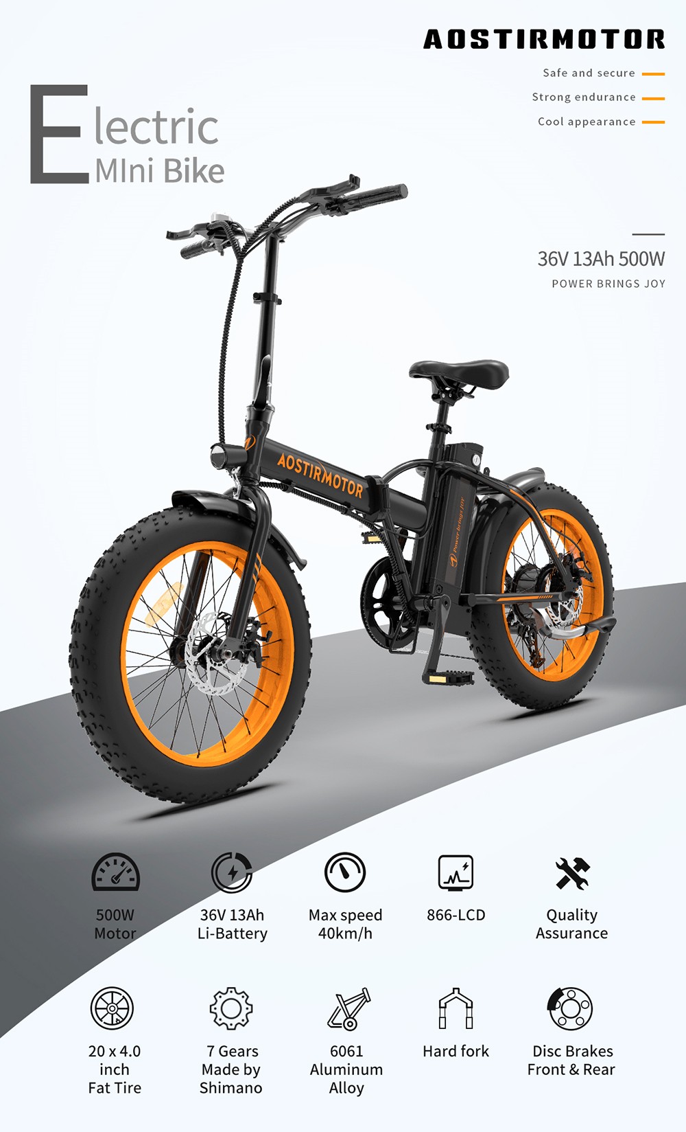 AOSTIRMOTOR A20 Folding Electric Bike 20*4.0 Fat Tire 36V 13Ah Battery 500W Motor 40km/h Max Speed - Black