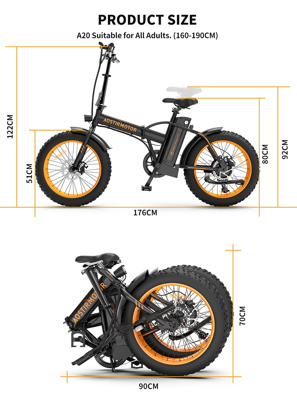 AOSTIRMOTOR A20 Folding Electric Bike 20*4.0 Fat Tire 36V 13Ah Battery 500W Motor 40km/h Max Speed - Black