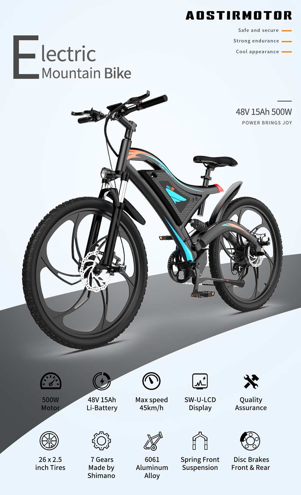 AOSTIRMOTOR S05-1 Electric Bike 26*2.5'' Fat Tire 48V 15Ah Removable Battery 500W Motor Mountain Bicycle