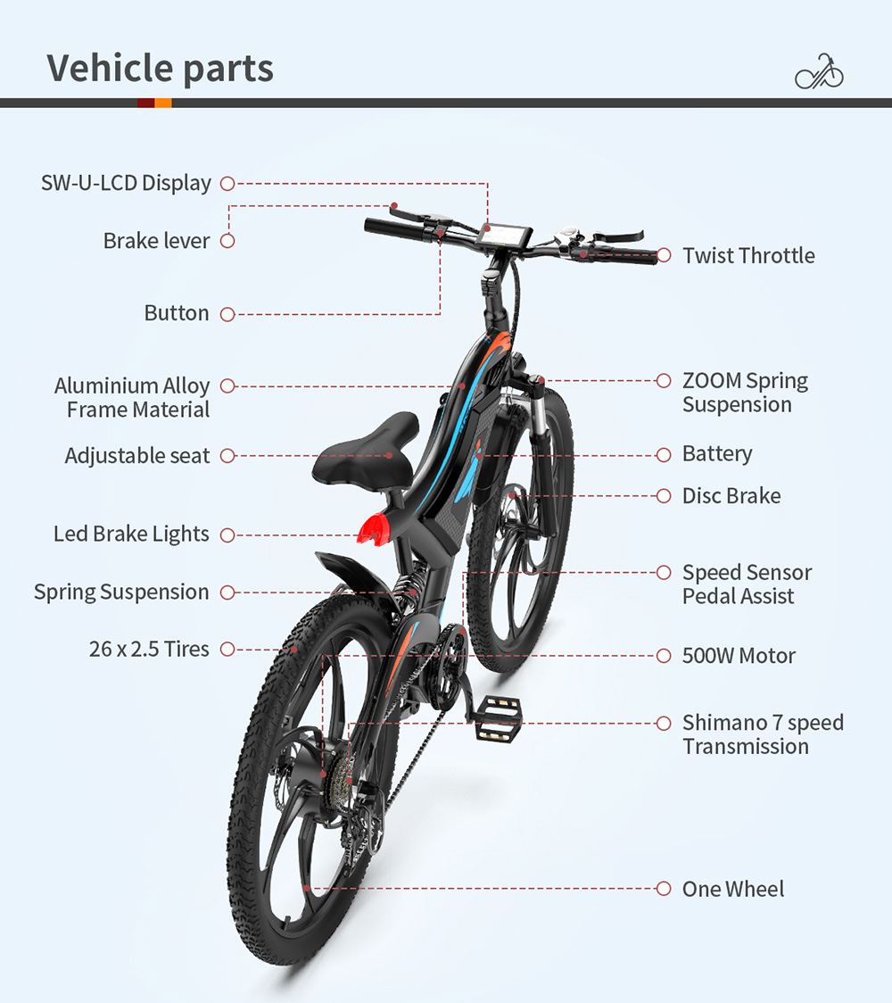 AOSTIRMOTOR S05-1 Electric Bike 26*2.5'' Fat Tire 48V 15Ah Removable Battery 500W Motor Mountain Bicycle