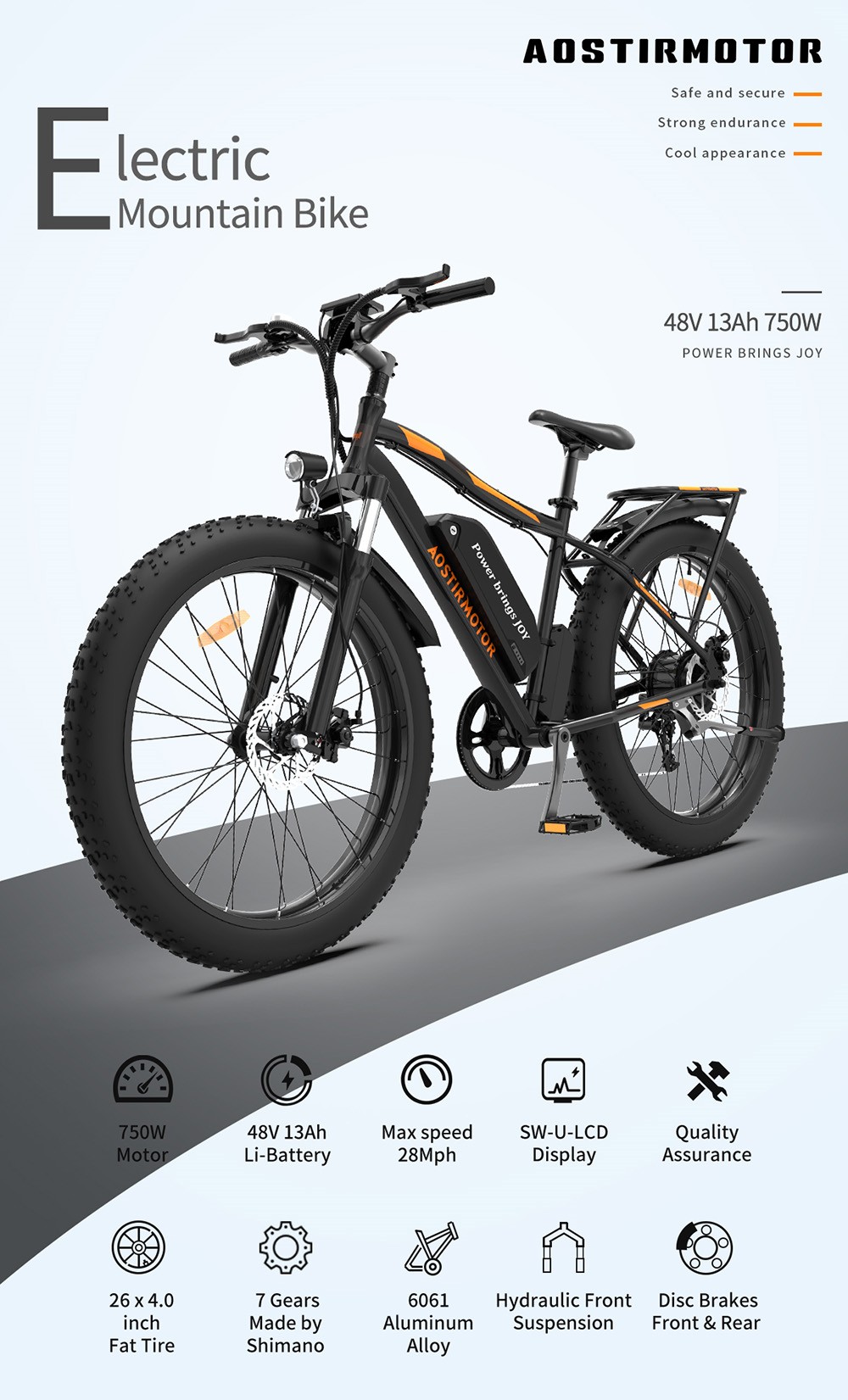 AOSTIRMOTOR S07-B Electric Bike 26*4.0'' Fat Tire 48V 13Ah Battery 750W Motor 7 Speed Shimano Gear - Black