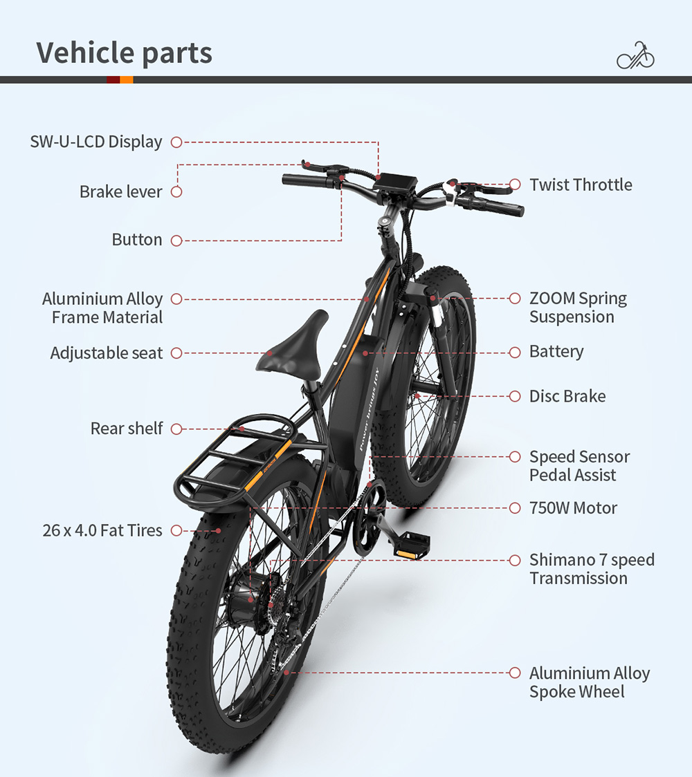 AOSTIRMOTOR S07-B Electric Bike 26*4.0'' Fat Tire 48V 13Ah Battery 750W Motor 7 Speed Shimano Gear - Black