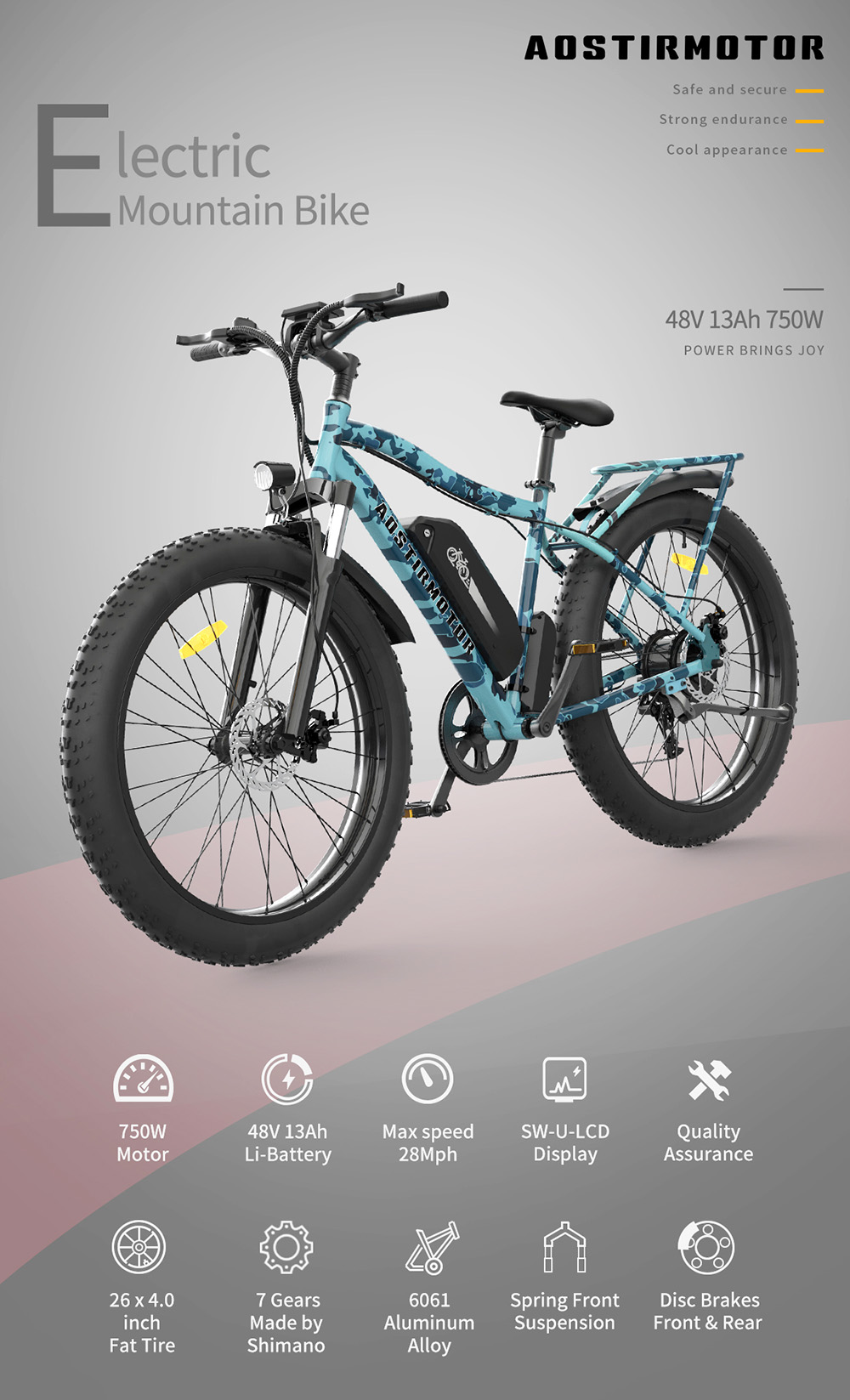 AOSTIRMOTOR S07-F Electric Bike 26*4.0'' Fat Tire 48V 13Ah Battery 750W Motor 7 Speed Shimano Gear - Ocean Blue Camo