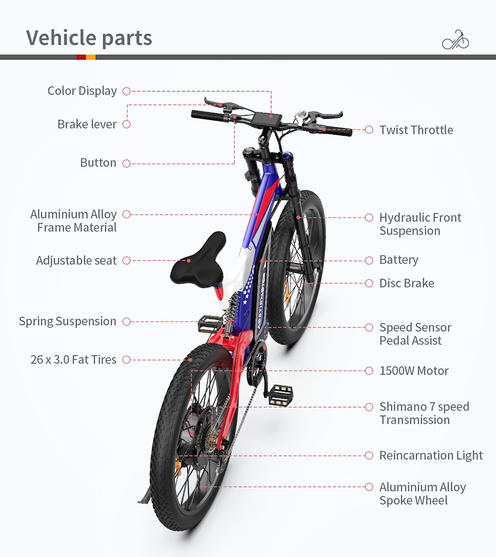 AOSTIRMOTOR S17 1500W Electric Bike 26*3.0'' Fat Tire 48V 20Ah Battery 50km/h Max Speed 7 Speed Shimano Gear