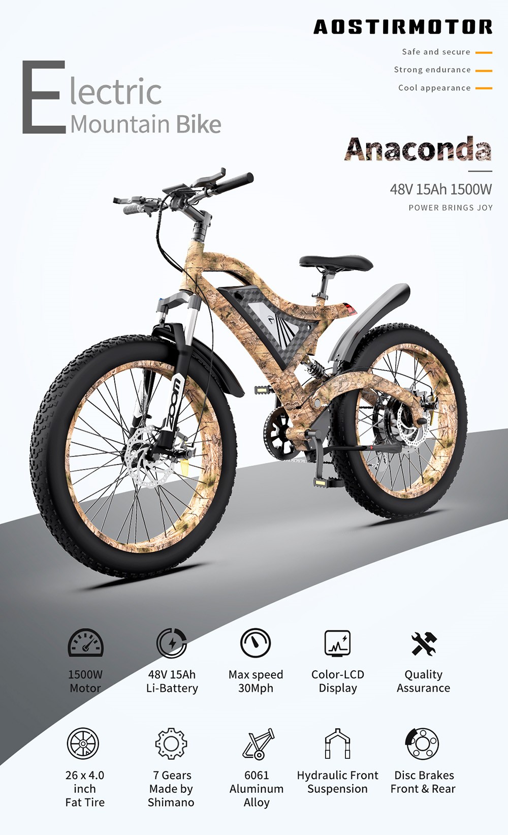 AOSTIRMOTOR S18 1500W Electric Bike 26*4.0'' Fat Tire 48V 15Ah Battery 50km/h Max Speed 7 Speed Shimano Gear