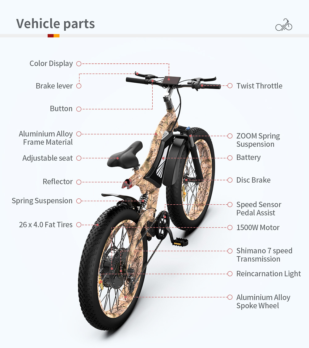 AOSTIRMOTOR S18 1500W Electric Bike 26*4.0'' Fat Tire 48V 15Ah Battery 50km/h Max Speed 7 Speed Shimano Gear