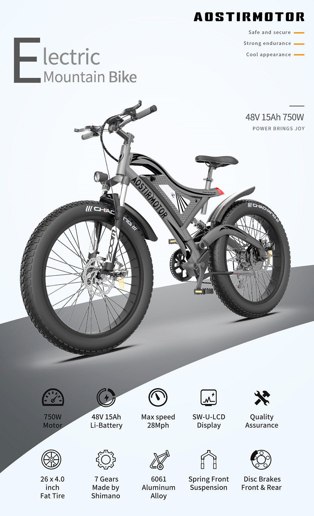 AOSTIRMOTOR S18 750W Electric Bike 26*4.0'' Fat Tire 48V 15Ah Battery 45km/h Max Speed 7 Speed Shimano Gear All Terrain