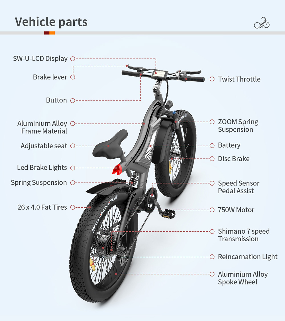 AOSTIRMOTOR S18 750W Electric Bike 26*4.0'' Fat Tire 48V 15Ah Battery 45km/h Max Speed 7 Speed Shimano Gear All Terrain