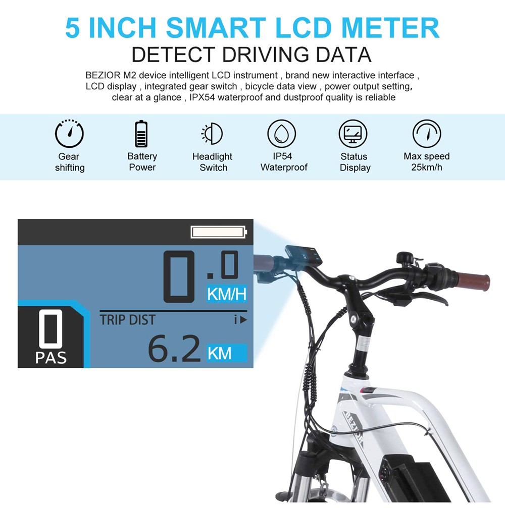 Bezior M2 Pro Electric Moped Bike 500W Motor 100km Range 12.5Ah Battery 26*2.125'' Wheels 25km/h Max Speed - Black