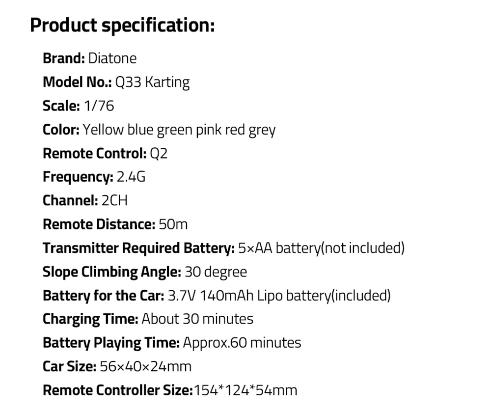 Diatone Q33 JH60810 1:76 Karting RC Car 60 Mins Playing Time with Q2 Romote Control RTR Package - Grey