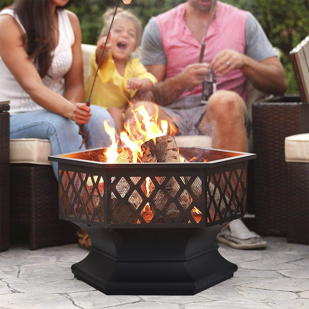 Fire Pit with Grill Grate, Fire Bowl with Spark Guard Pit for BBQ, Heating, Garden, Patio - Black