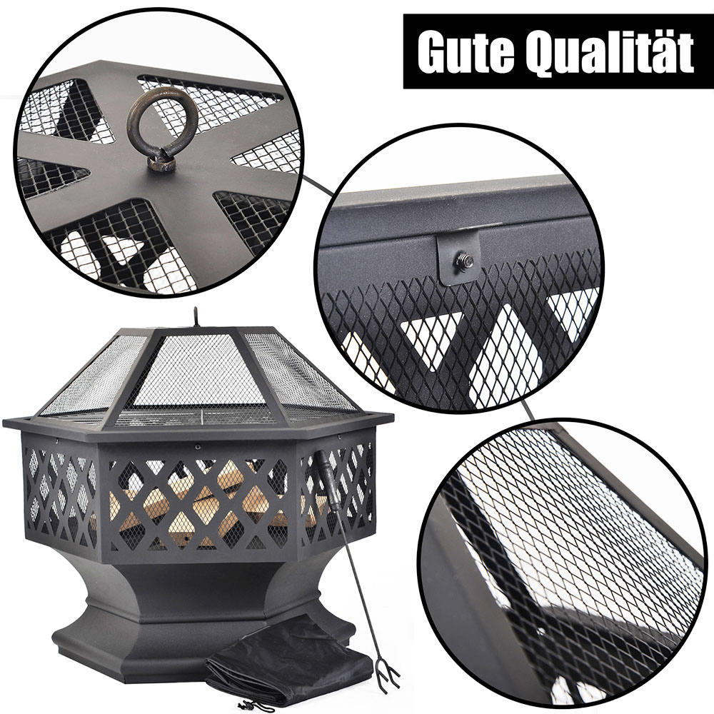Fire Pit with Grill Grate, Fire Bowl with Spark Guard Pit for BBQ, Heating, Garden, Patio - Black