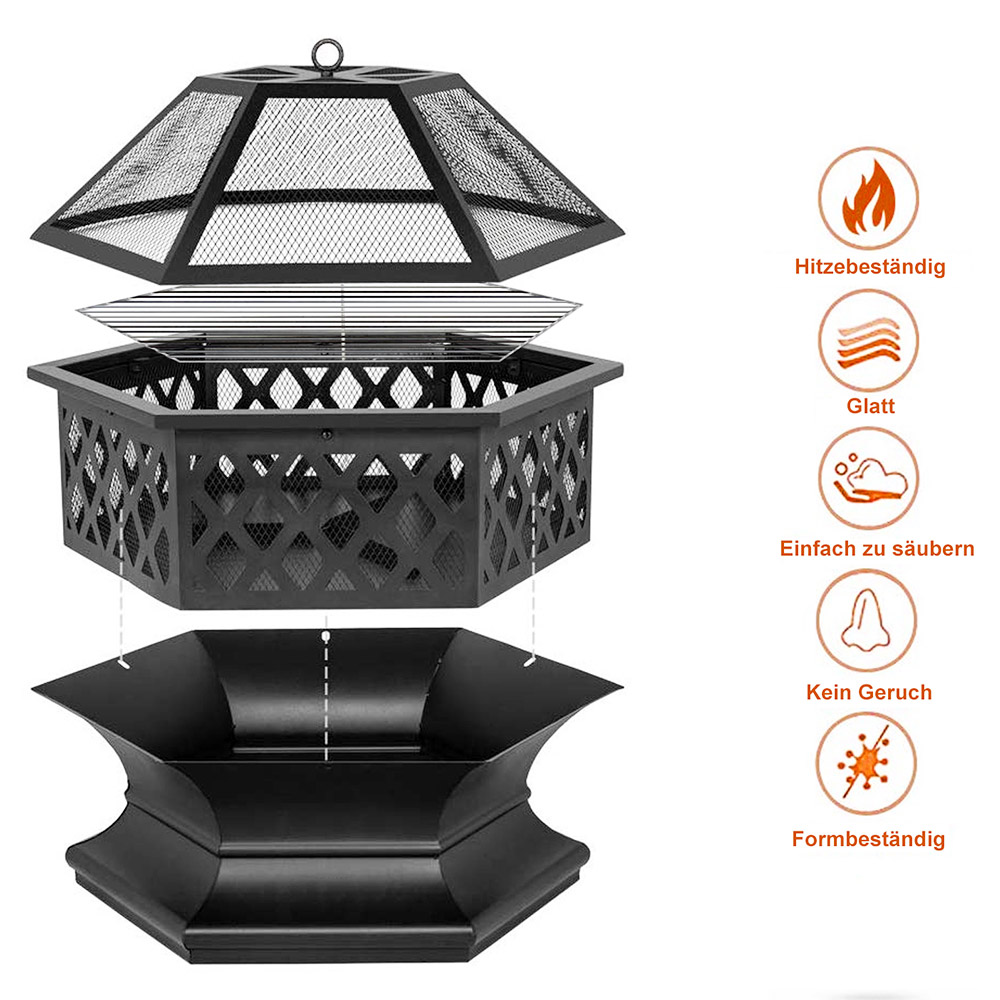 Fire Pit with Grill Grate, Fire Bowl with Spark Guard Pit for BBQ, Heating, Garden, Patio - Black