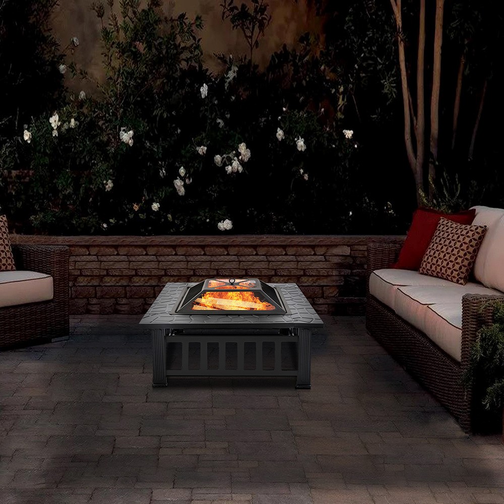 Fire Pit with Grill Grate, Fire Bowl with Spark Guard Pit for BBQ, Heating, Garden Patio 3 in 1 Outdoor Fire Pit - Black