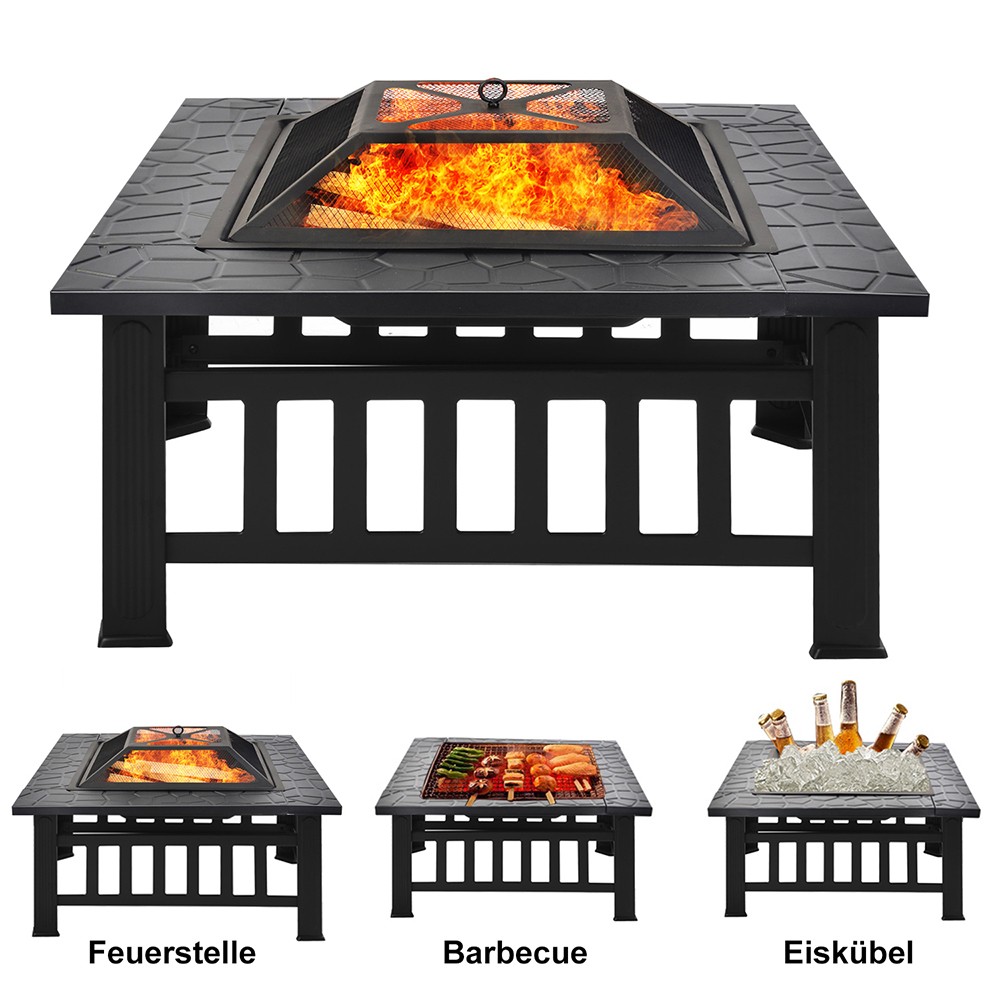 Fire Pit with Grill Grate, Fire Bowl with Spark Guard Pit for BBQ, Heating, Garden Patio 3 in 1 Outdoor Fire Pit - Black