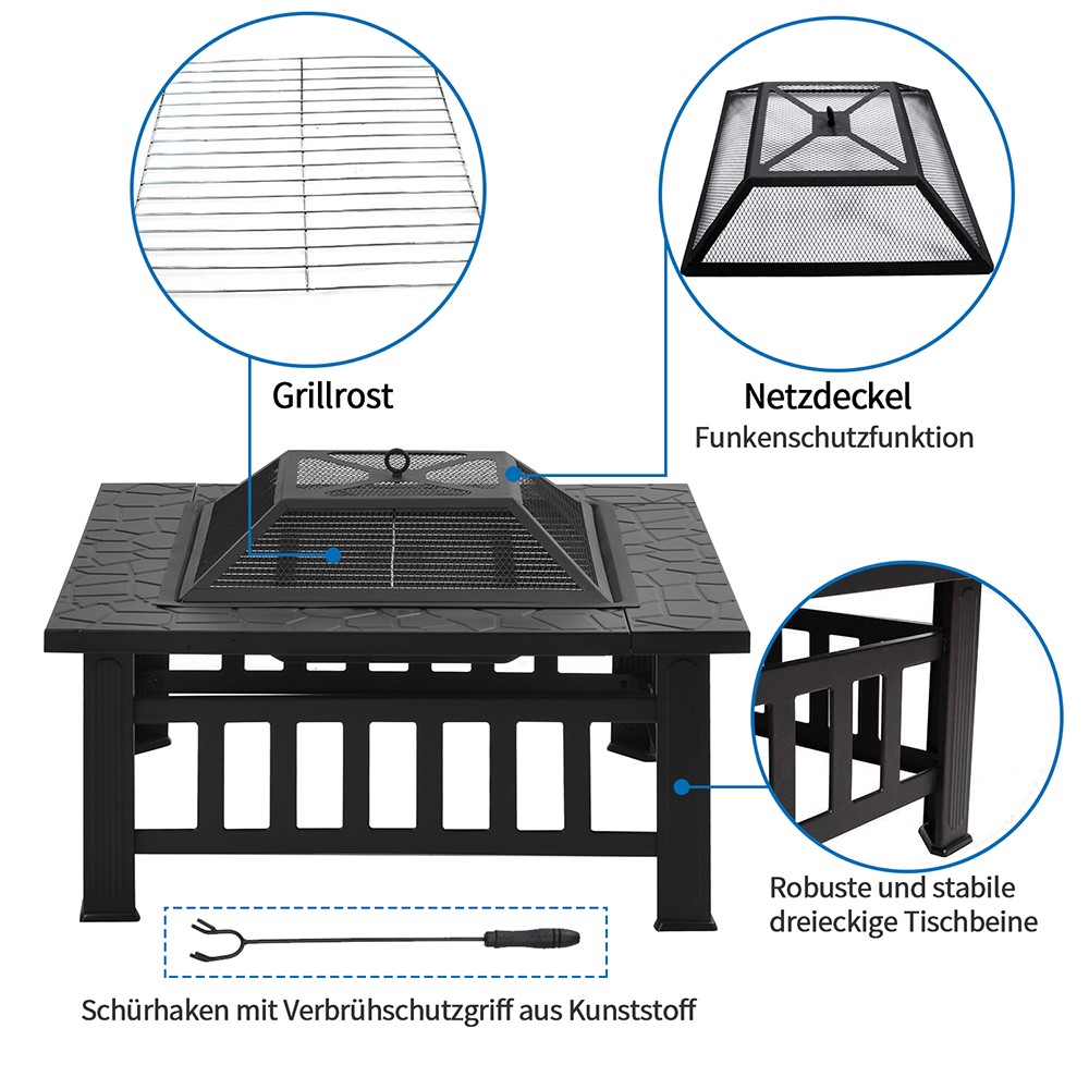Fire Pit with Grill Grate, Fire Bowl with Spark Guard Pit for BBQ, Heating, Garden Patio 3 in 1 Outdoor Fire Pit - Black