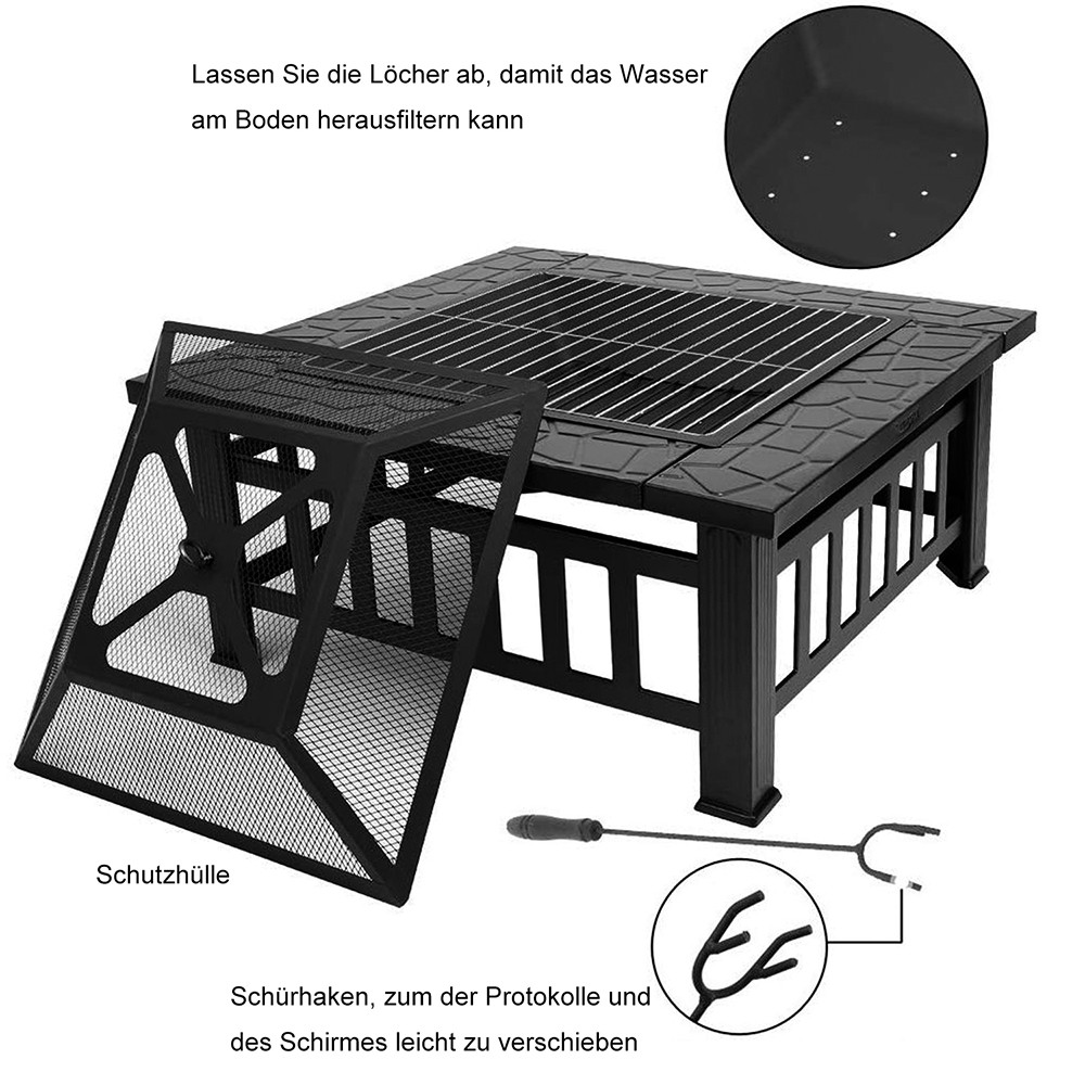 Fire Pit with Grill Grate, Fire Bowl with Spark Guard Pit for BBQ, Heating, Garden Patio 3 in 1 Outdoor Fire Pit - Black