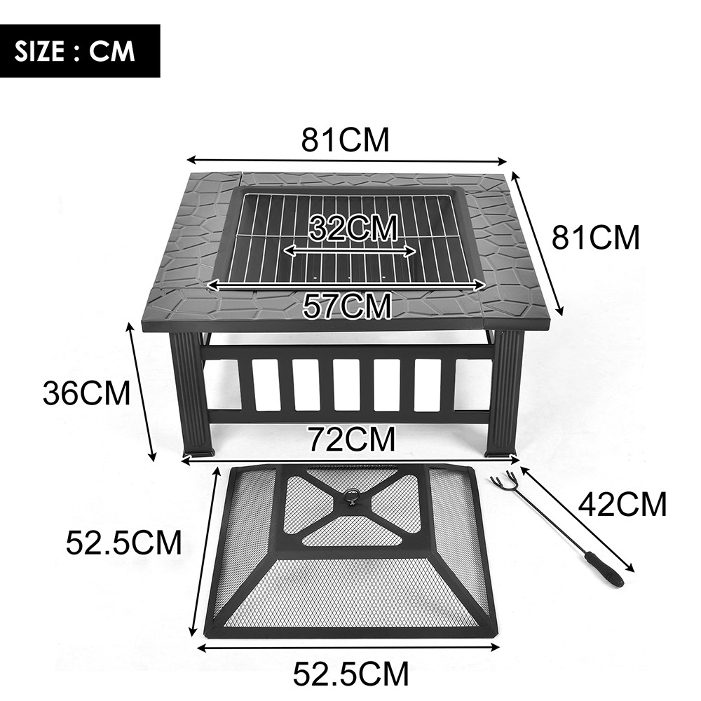 Fire Pit with Grill Grate, Fire Bowl with Spark Guard Pit for BBQ, Heating, Garden Patio 3 in 1 Outdoor Fire Pit - Black