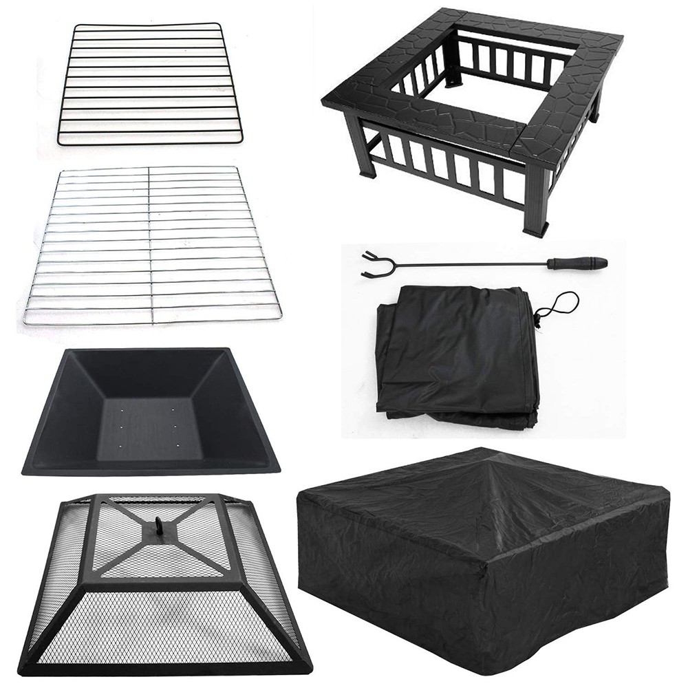 Fire Pit with Grill Grate, Fire Bowl with Spark Guard Pit for BBQ, Heating, Garden Patio 3 in 1 Outdoor Fire Pit - Black