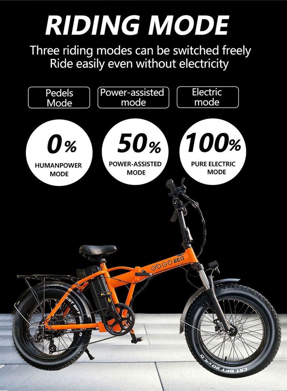GOGOBEST GF300 Electric Folding Bike Moped Bicycle 1000W Brushless Motor 48V 12.5Ah Battery 25km/h Max Speed - Black