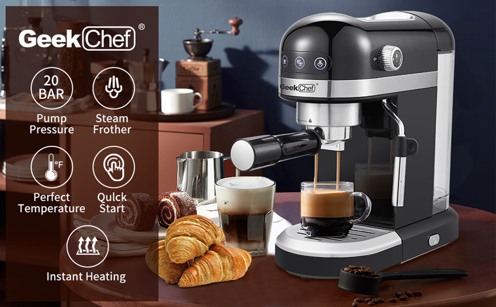 Geek chef 20 Bar Espresso Machine, 1350W High Performance, 1.4 LDetachable Transparent Water Tank, With Safety Valve
