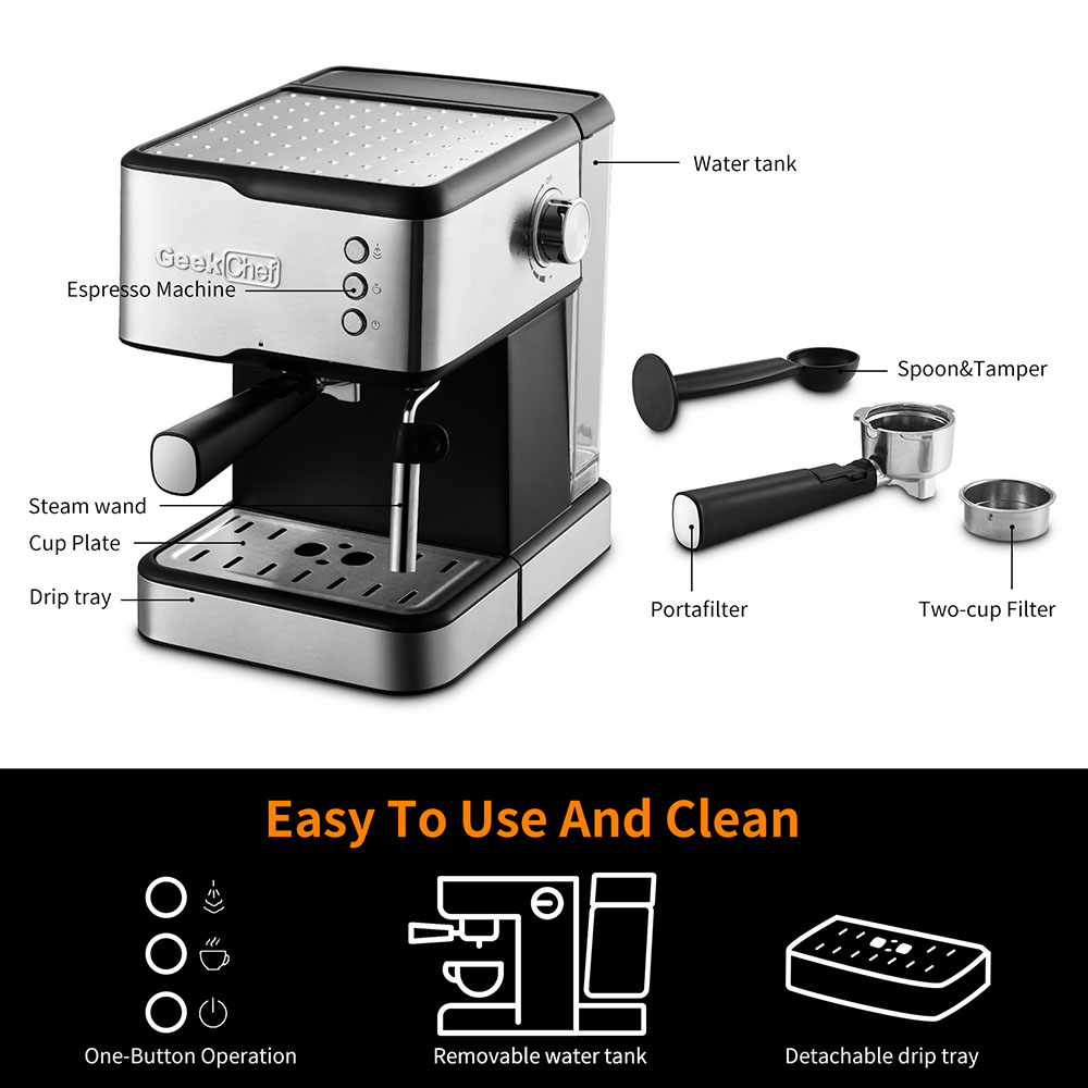 Geek Chef 20 Bar Espresso Maker 950W Detachable Frothing Nozzle,1.5L Detachable Transparent Water Tank Coffee Maker