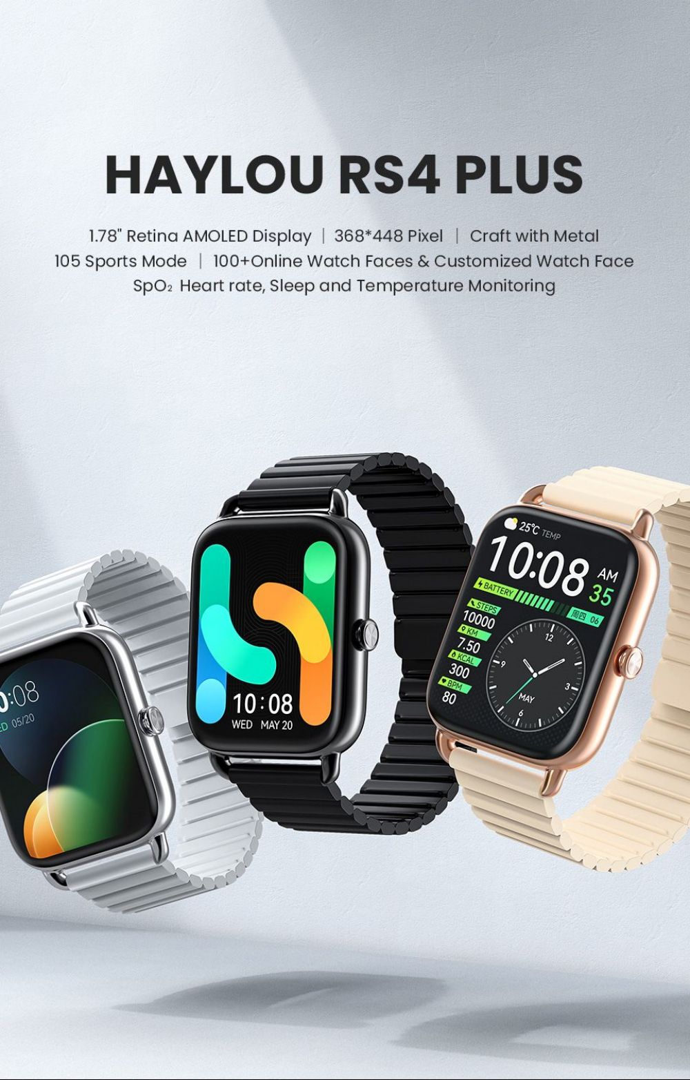 Haylou RS4 Plus Smartwatch 1.78-Inch Retina AMOLED HD Display 105 Sports Mode SpO2 Heart Rate - Gold Magnetic Strap