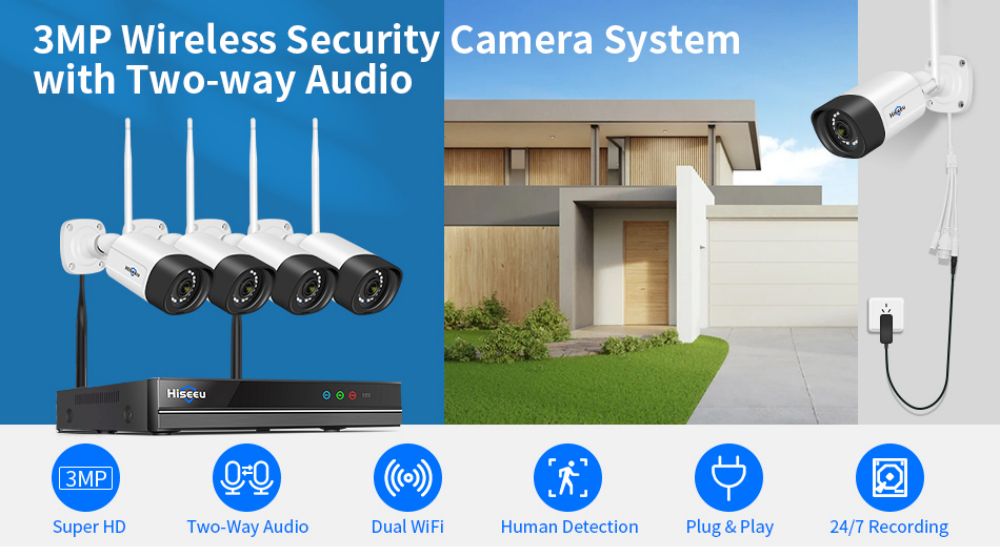 Hiseeu 3MP Wireless CCTV System Camera 2-Way Audio for 1536P IP Camera Outdoor Security System Video Surveillance Kits
