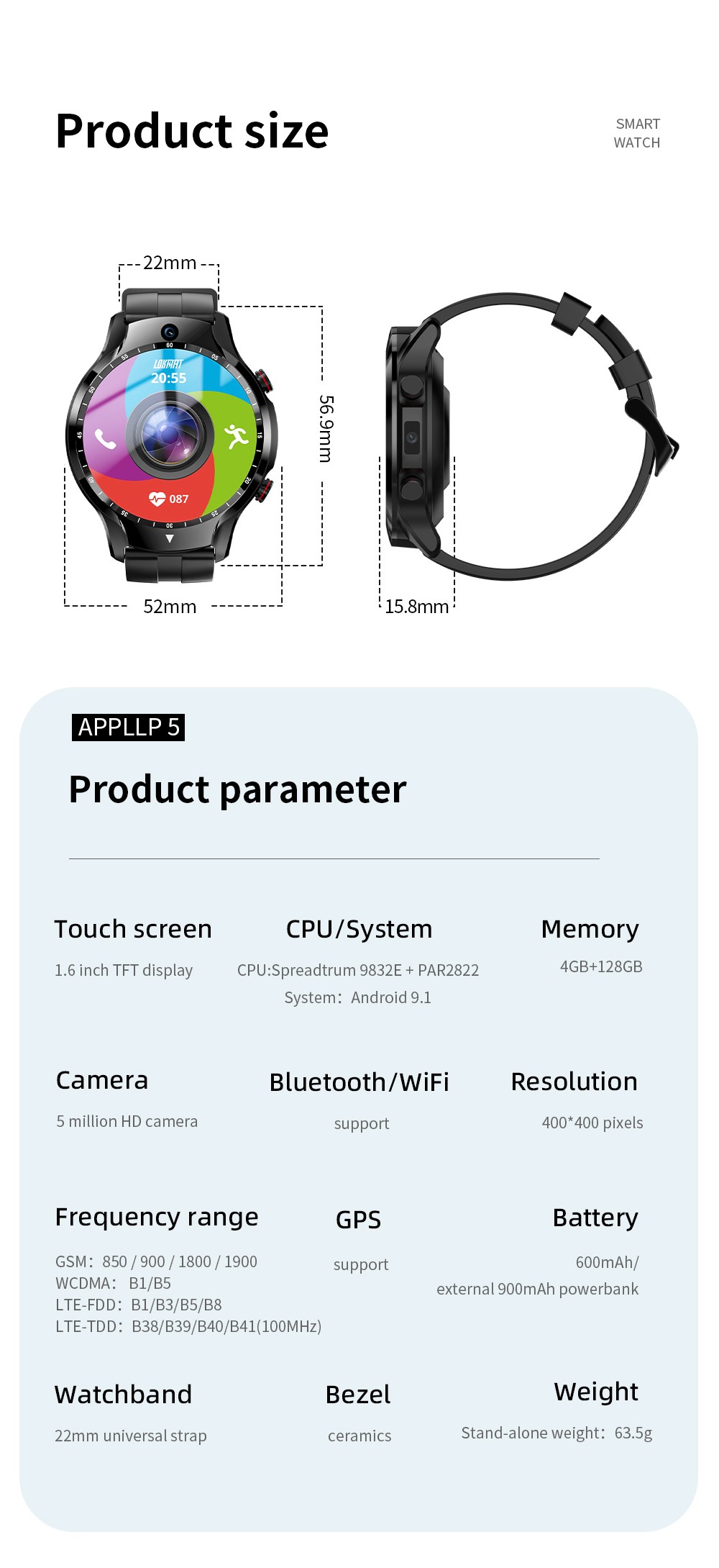 LOKMAT APPLLP 5 Smartwatch 4G WiFi LTE Watch with Dual Cameras 1.6'' TFT Screen RAM 4GB ROM 128GB for Android and iOS