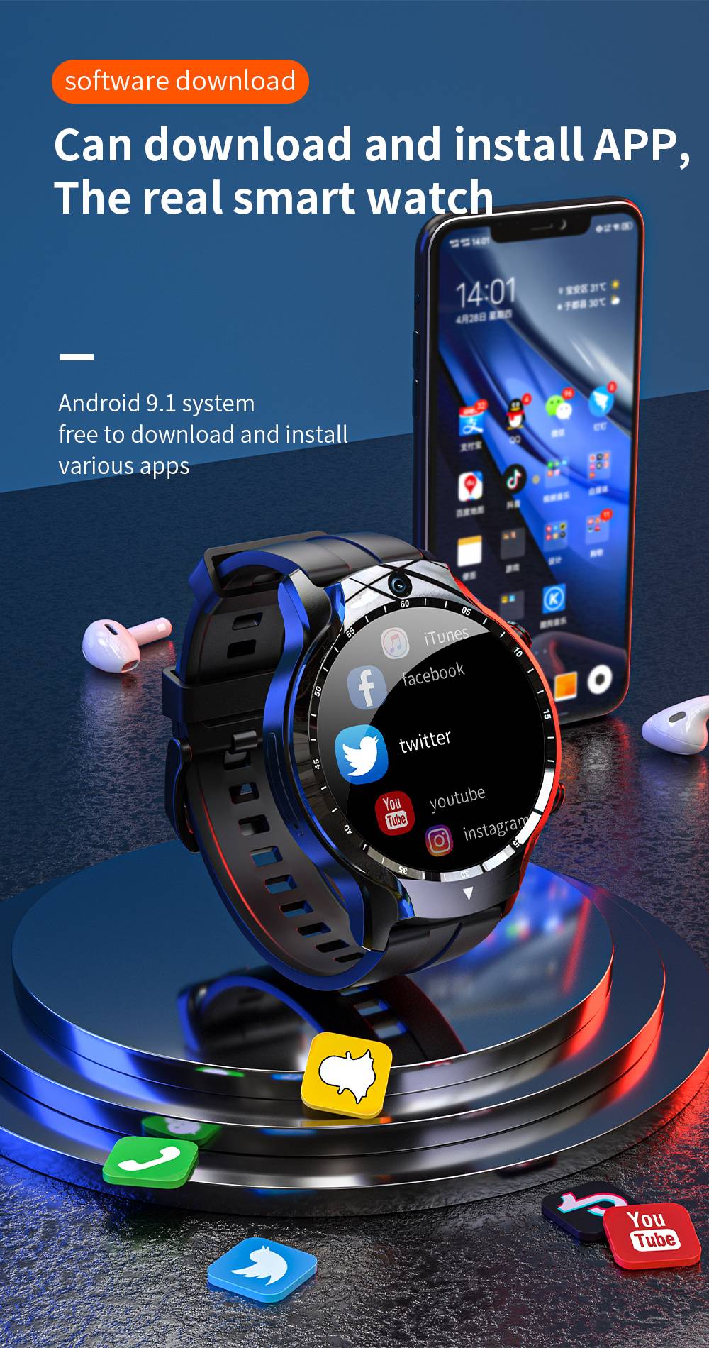 LOKMAT APPLLP 5 Smartwatch 4G WiFi LTE Watch with Dual Cameras 1.6'' TFT Screen RAM 4GB ROM 128GB for Android and iOS