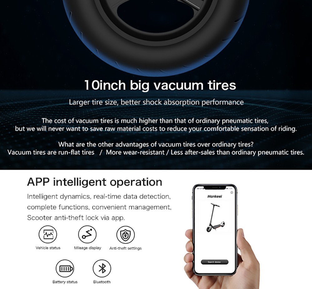 Mankeel Silver Wings Electric Scooter 10'' Tires 9Ah Battery 35km Range 120kg Max Load