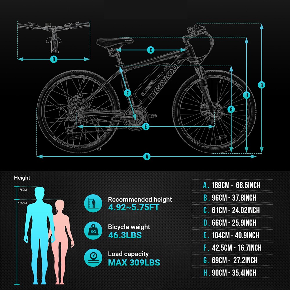 Metakoo C100 Mountain E-bike 26'' Tires 36V 350W BAFANG Motor 10.4Ah Battery 32km/h Max Speed Shimano 21 Speed Gear