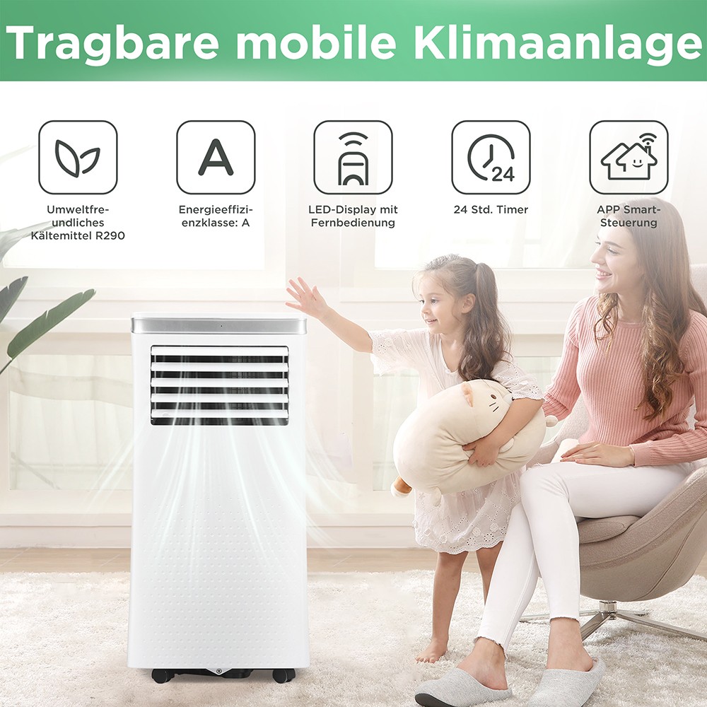 Mobile Air Conditioner 9,000 BTU/h with Dehumidification Exhaust Air Function for Rooms up to 100 m³ 24-hour Timer