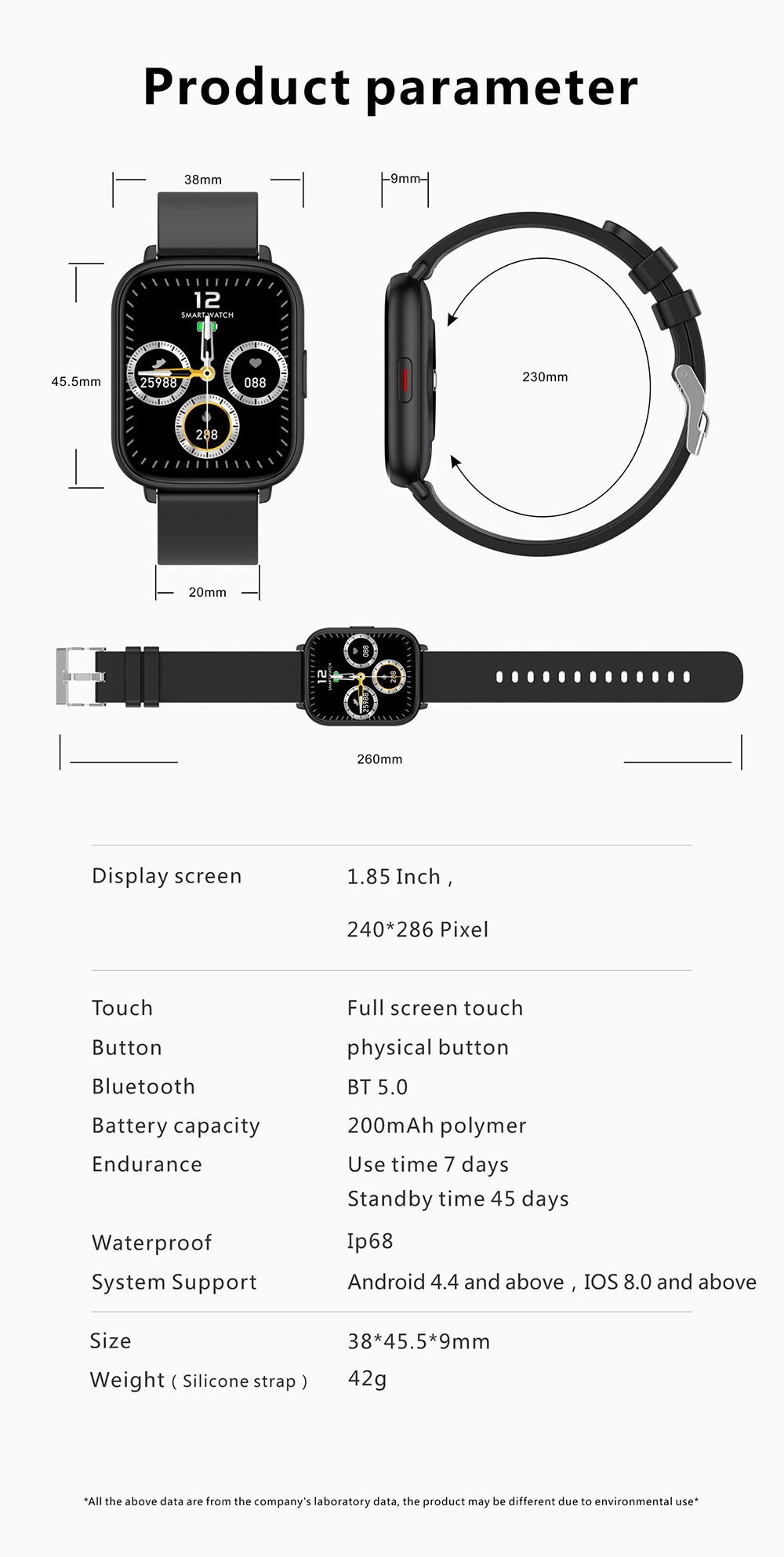 Q9 Pro GT2 Smartwatch 1.85'' TFT HD Touch Screen BT5.0 Heart Rate Blood Pressure SpO2 Monitor Fitness Tracker Black&Gold