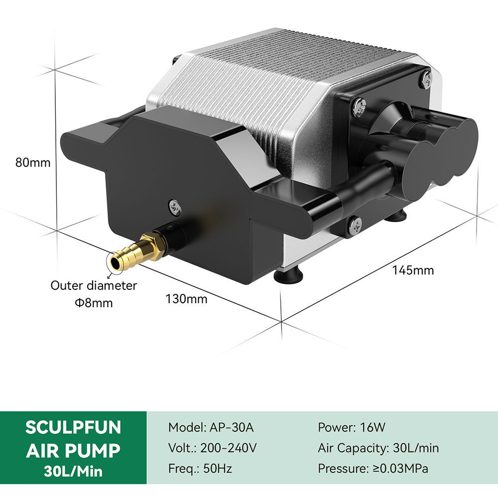 SCULPFUN 30L/Min 200-240V Air Pump Compressor for Laser Engraver, Adjustable Speed Low Noise Low Vibration - EU Plug